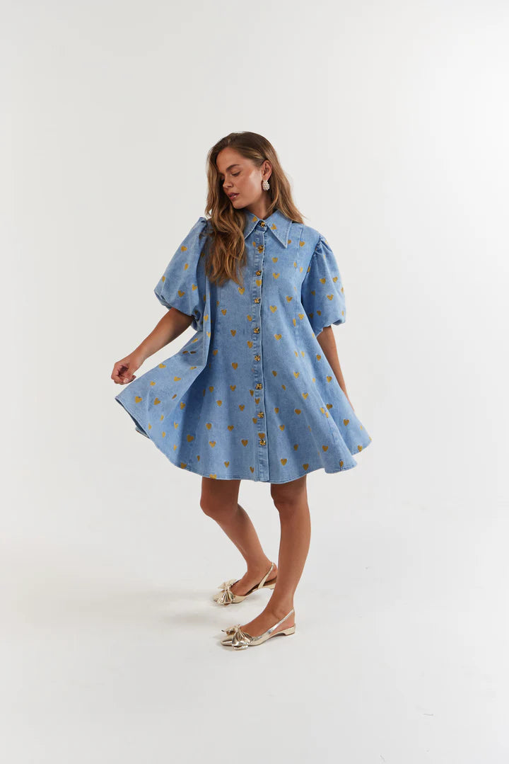 Peyton Mini Dress - Denim Hearts