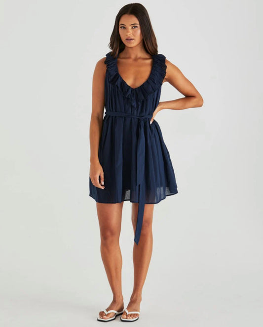 BELEN RUFFLED NECK MINI DRESS - NAVY