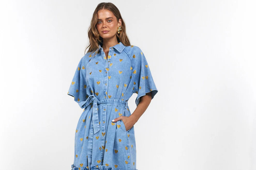 Moxie Midi Dress - Denim Hearts