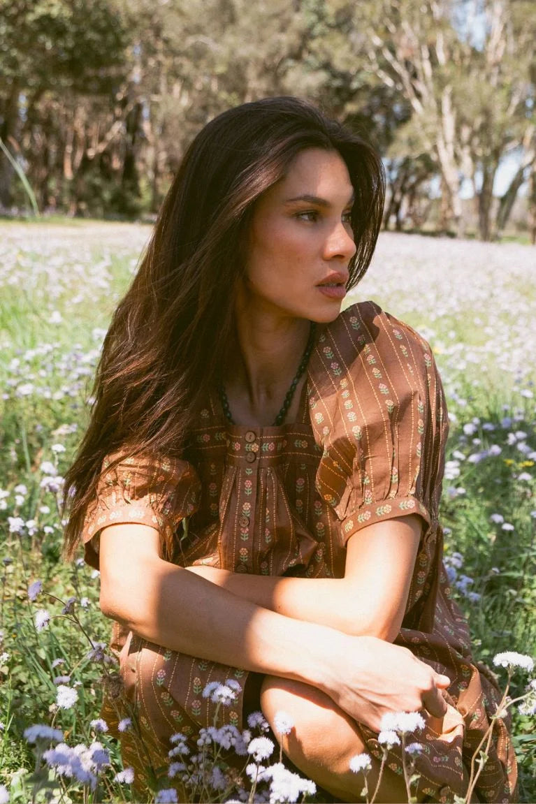 DELILAH SMOCK MIDI DRESS - WALNUT