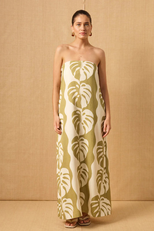MIDSUMMER PALM STRAPLESS DRESS