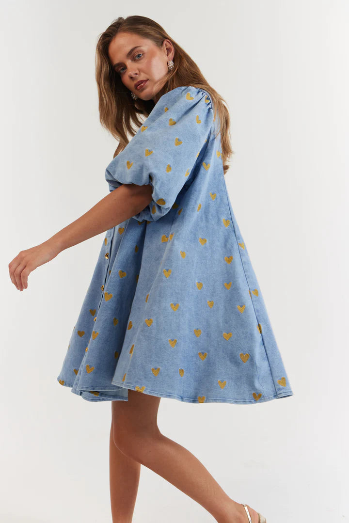 Peyton Mini Dress - Denim Hearts