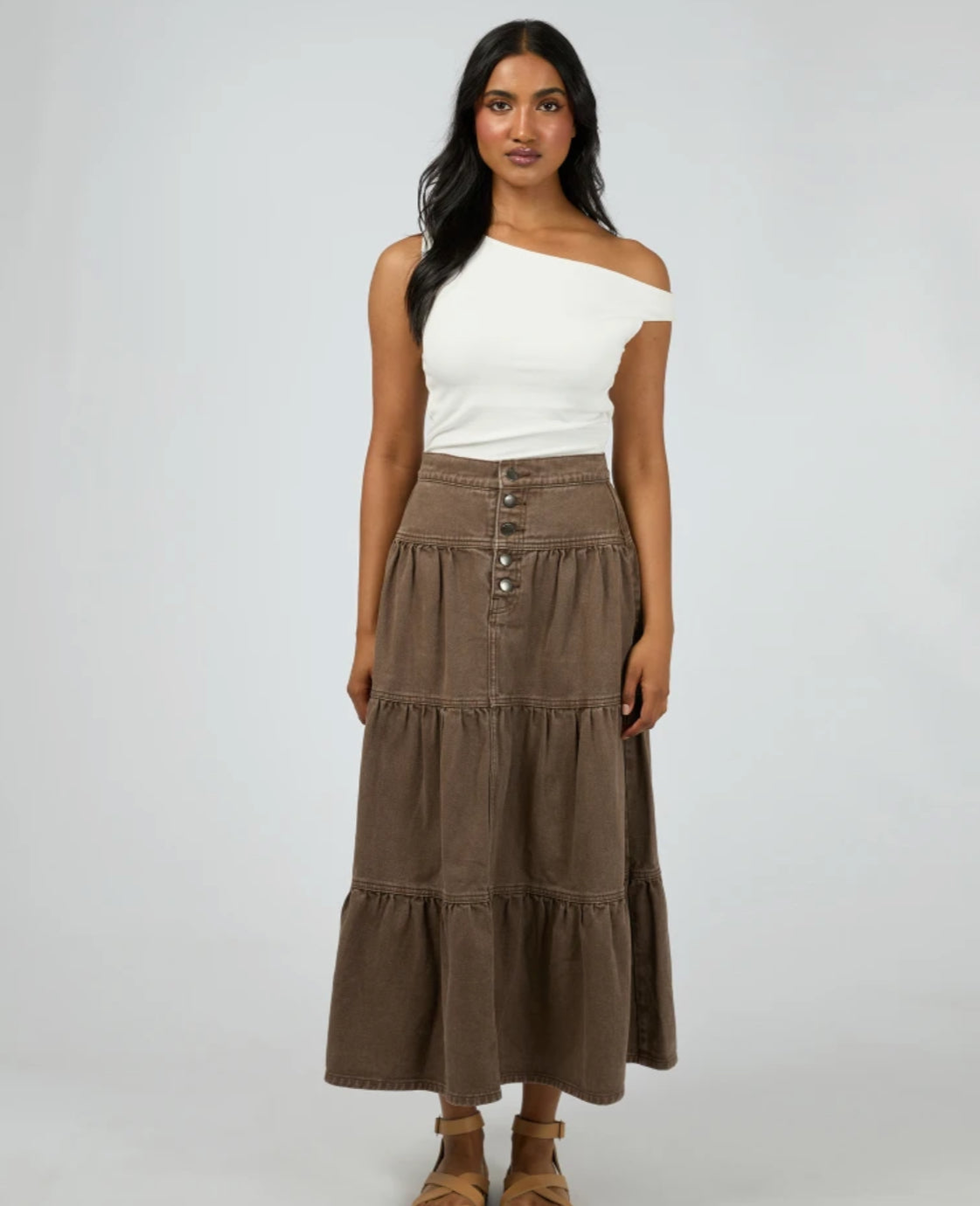 COCO DENIM MAXI SKIRT - COCOA