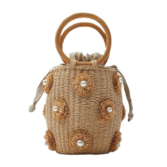 Hazel Bucket Bag with Raffia Pearl Flowers