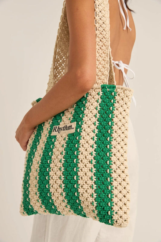 Dinero Stripe Crochet Tote Bag - Green