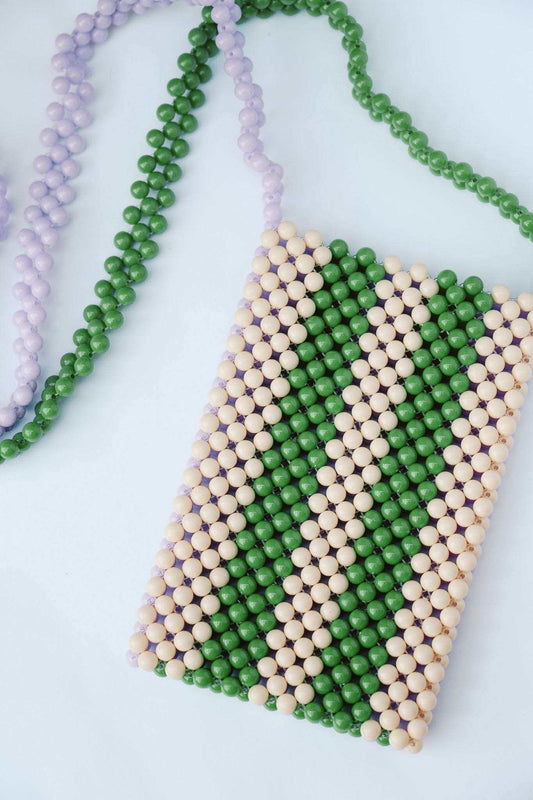 BEADED PHONE BAG - PURPLE/GREEN/CREAM