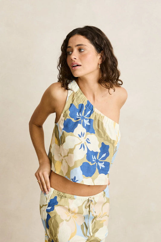 FLORAL ONE SHOULDER TOP - OLIVE