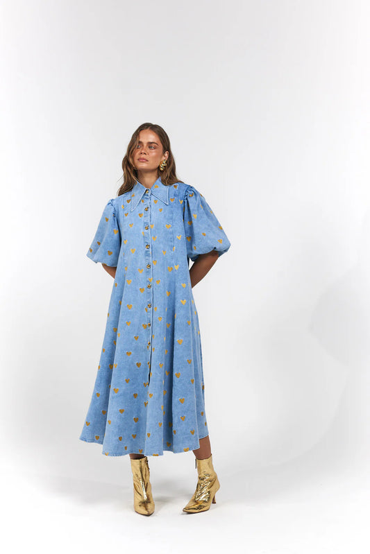 Peyton Midi Dress - Denim Hearts
