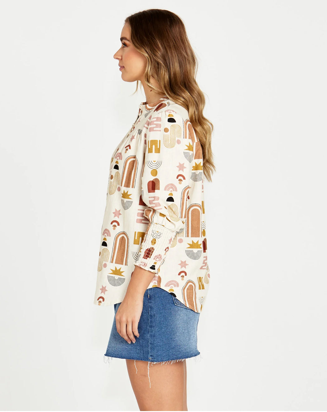 Roxy Shirred Cuff Blouse - Abstract Print