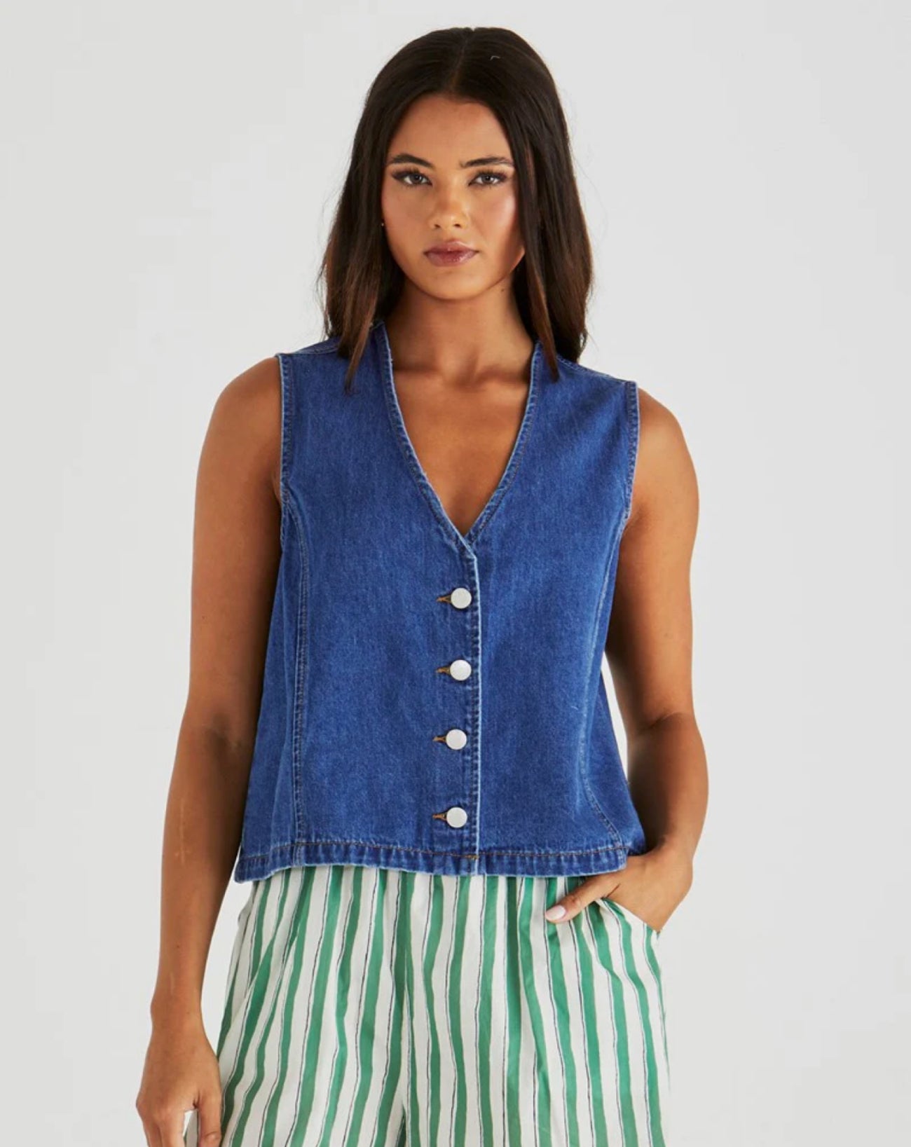 SABINE DENIM VEST - MID BLUE WASH