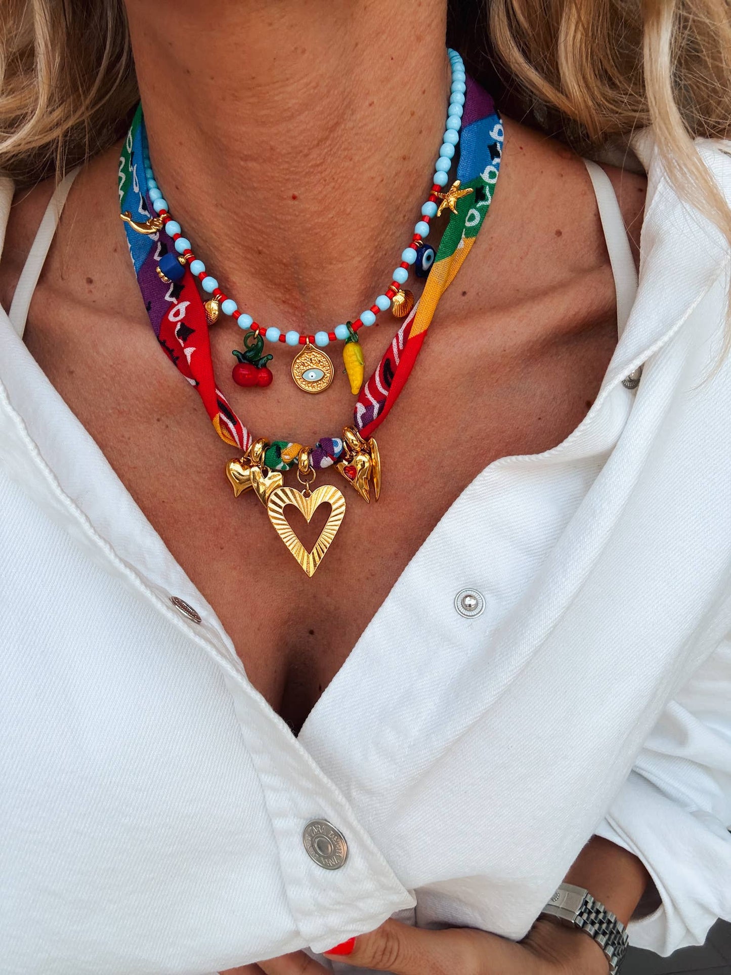 Rainbow scarf necklace combined with fruit charm necklace: Rainbow scarf necklace
