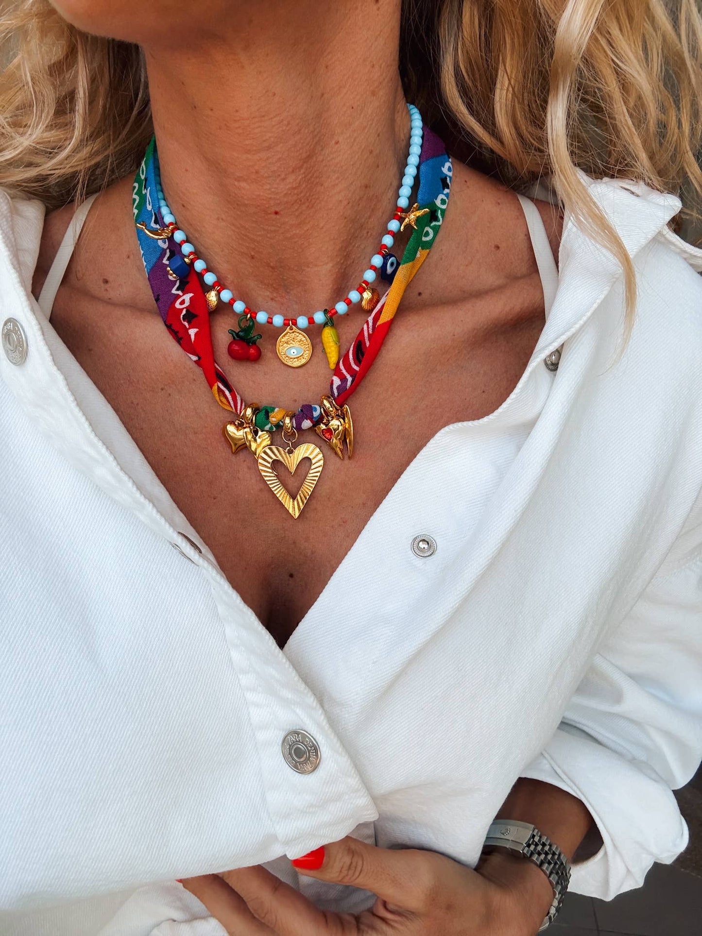 Rainbow scarf necklace combined with fruit charm necklace: Rainbow scarf necklace
