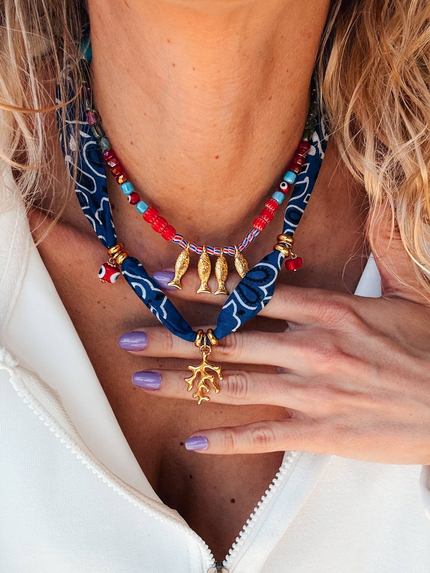 Fish beaded necklace in Greek islands colors: Gold