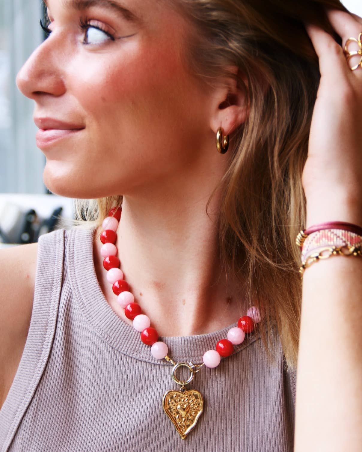 Natural stone bead necklace XL - red/pink