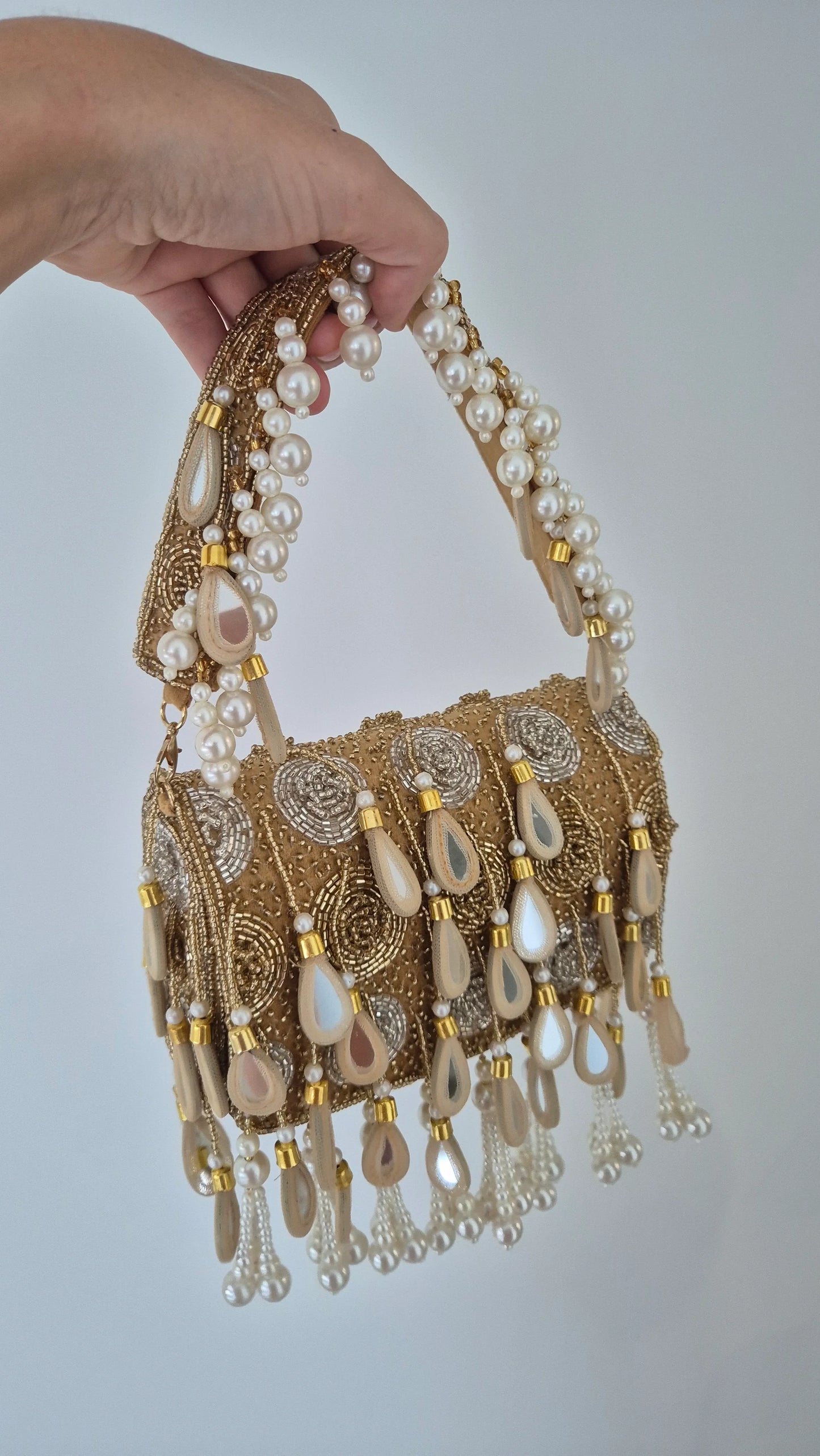 Handbag Beaded Tassel Embellished Champagne Gold Bag