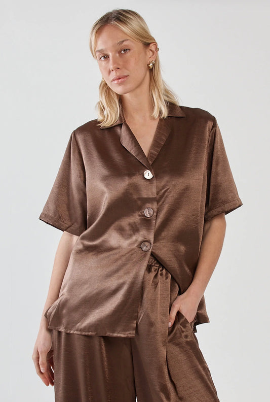 Eddy Crushed Satin Shirt - Chocolate
