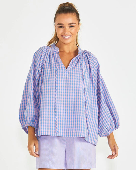 PHILLIPA TOP - BLUE/PINK GINGHAM