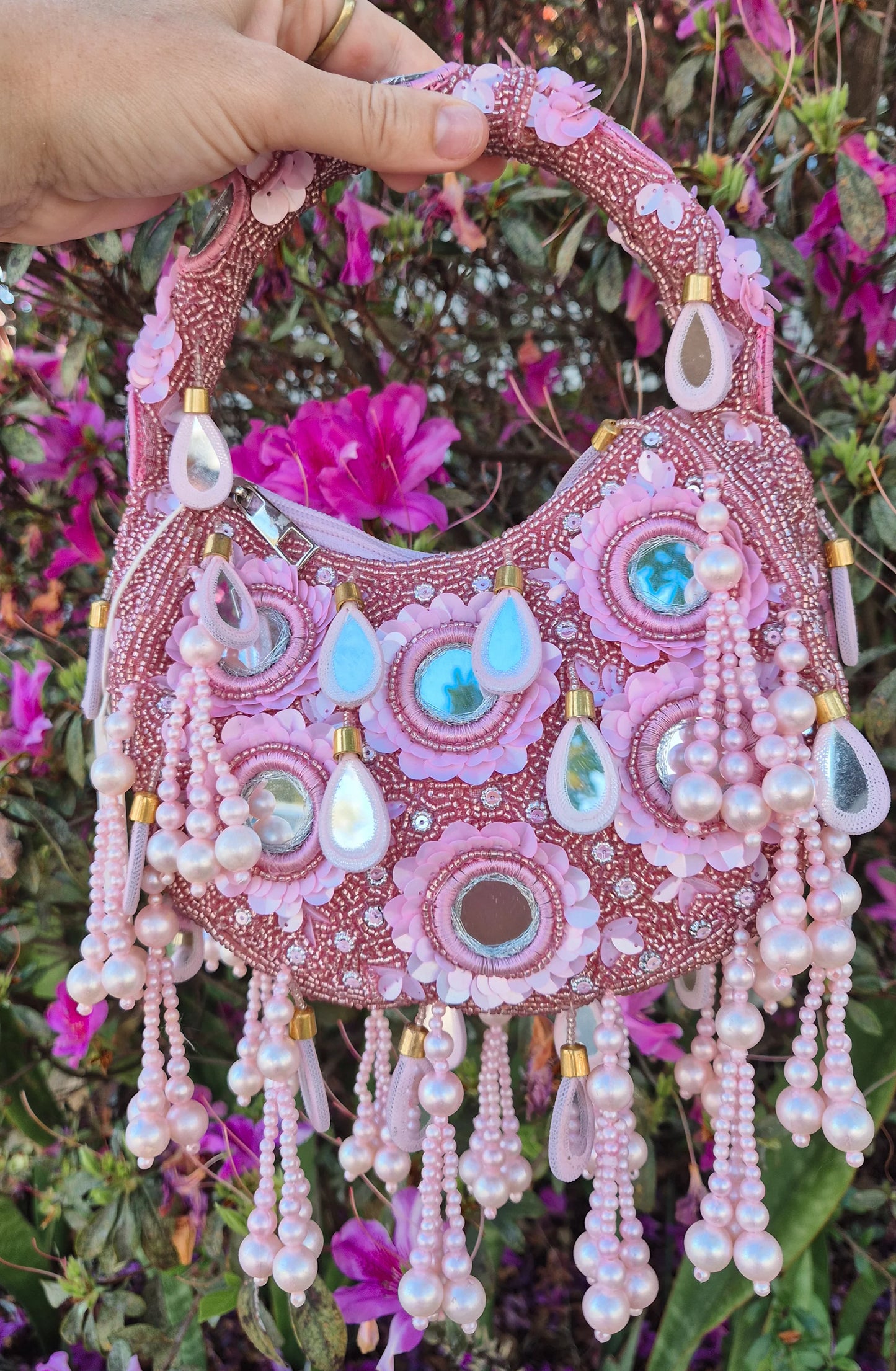 Handbag Mirror Tassle Embellished Bag Pink