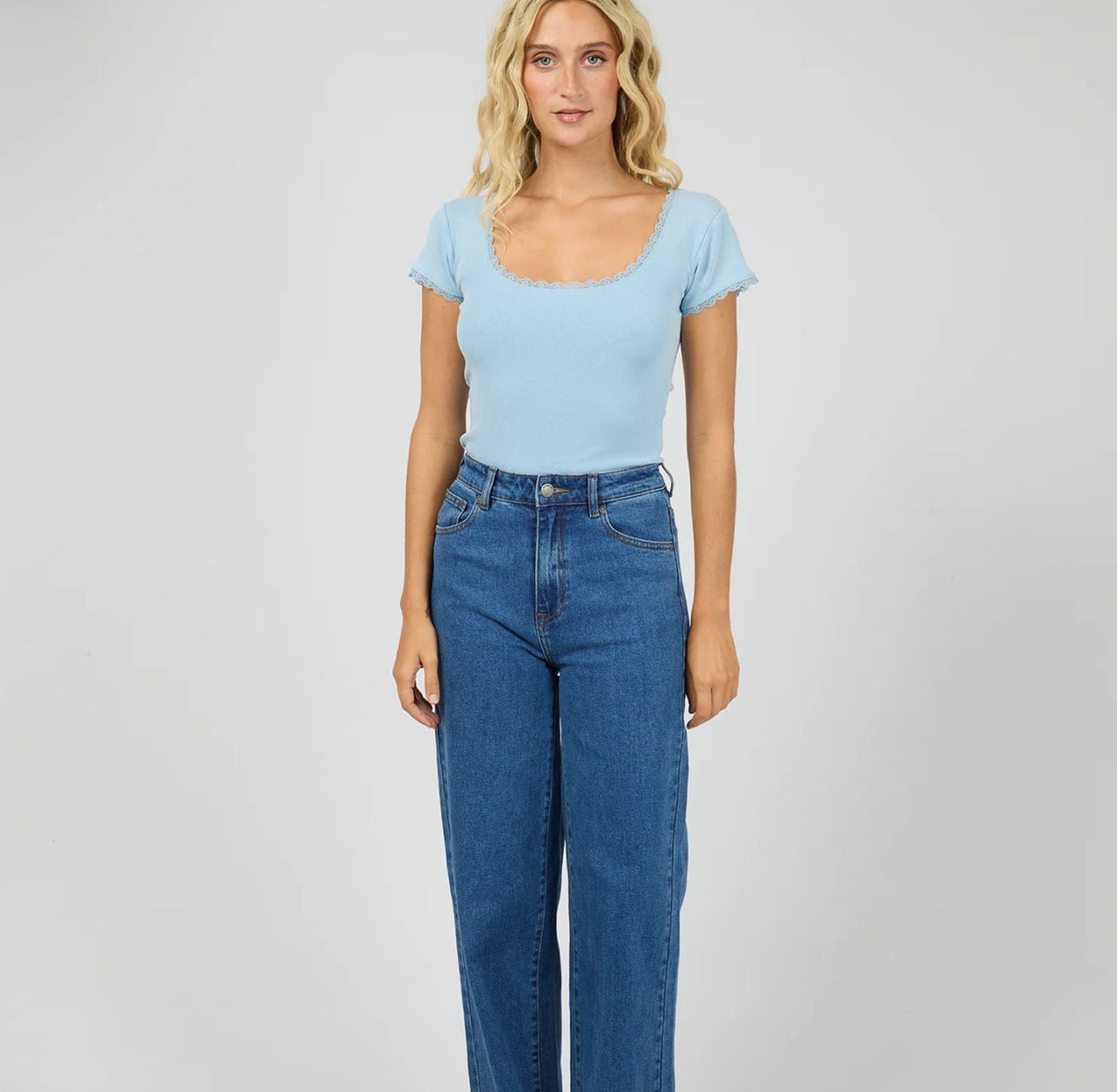 WASHED RIB LACE SCOOP NECK TEE BLUE