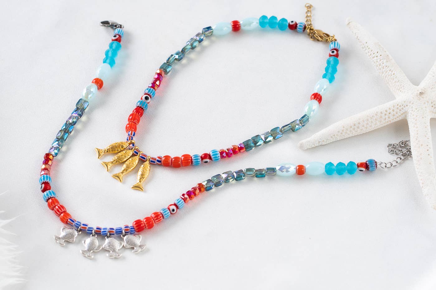 Fish beaded necklace in Greek islands colors: Gold
