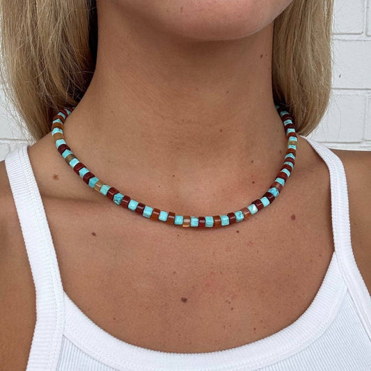 Turquoise and Red Aventurine Beaded Necklace: Default Title