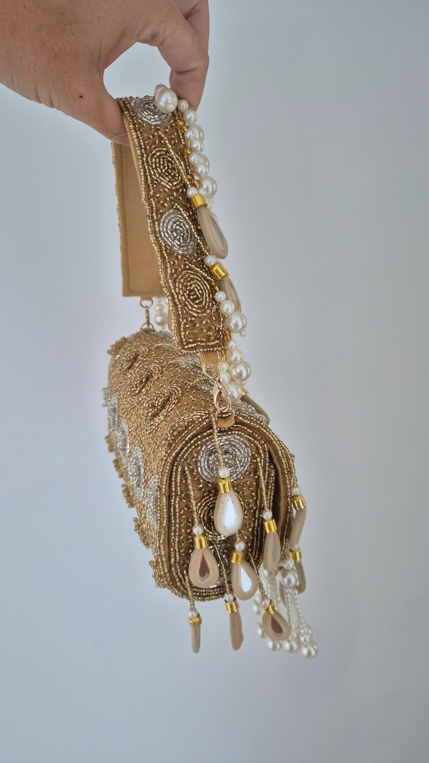 Handbag Beaded Tassel Embellished Champagne Gold Bag