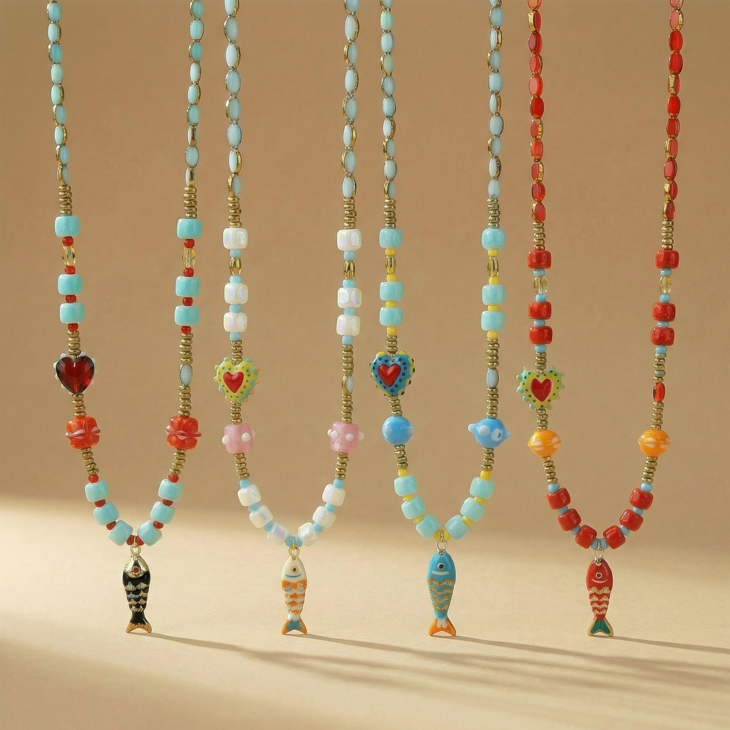 Colorful Beaded Fish Charm Summer Necklace: Light Blue