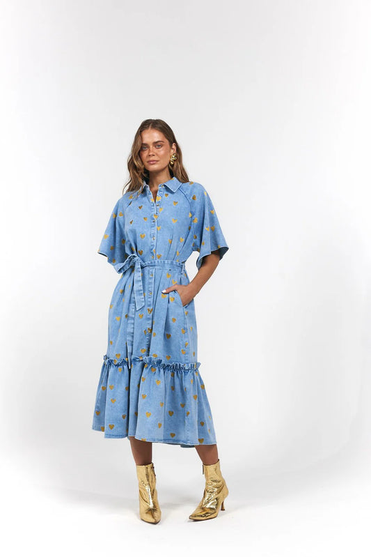 Moxie Midi Dress - Denim Hearts