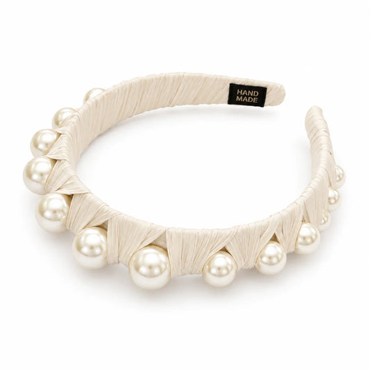 Kylie Velvet and Pearl Headband - Cream Satin