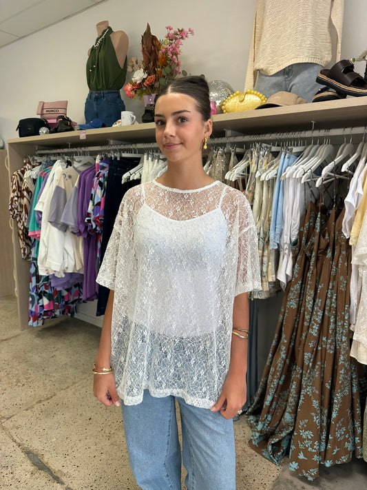 Felicity Sheer Sequin Lace Top - White