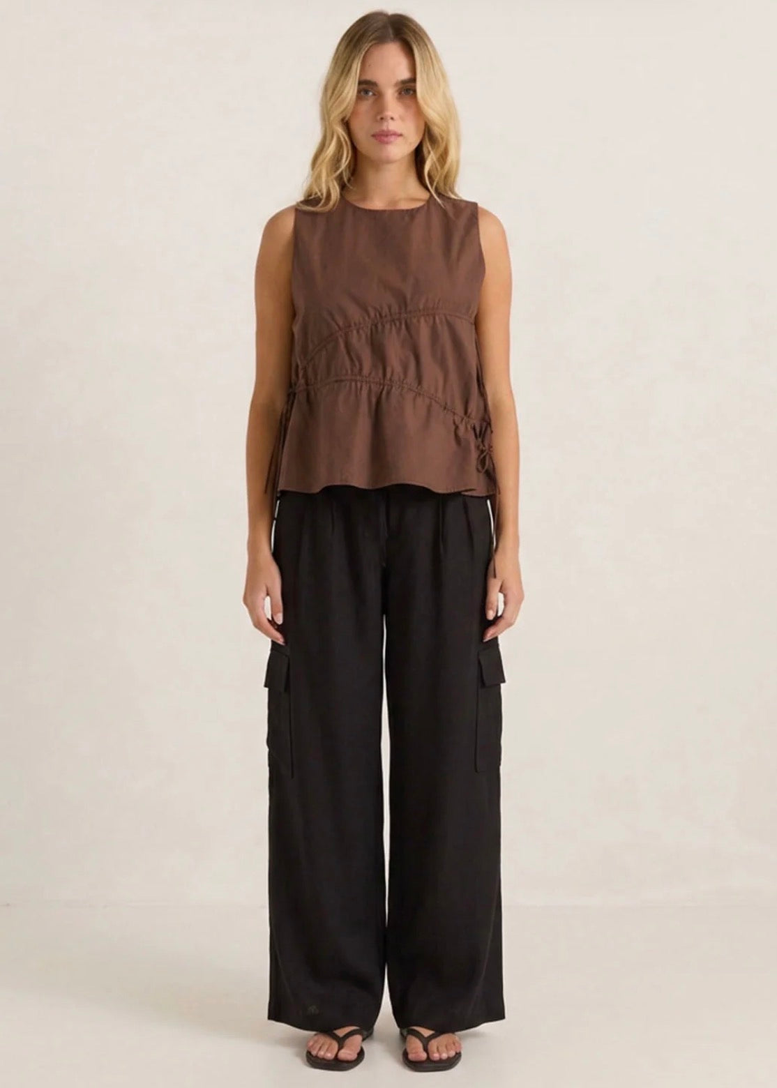 Elin Gathered Tie Top - Chocolate