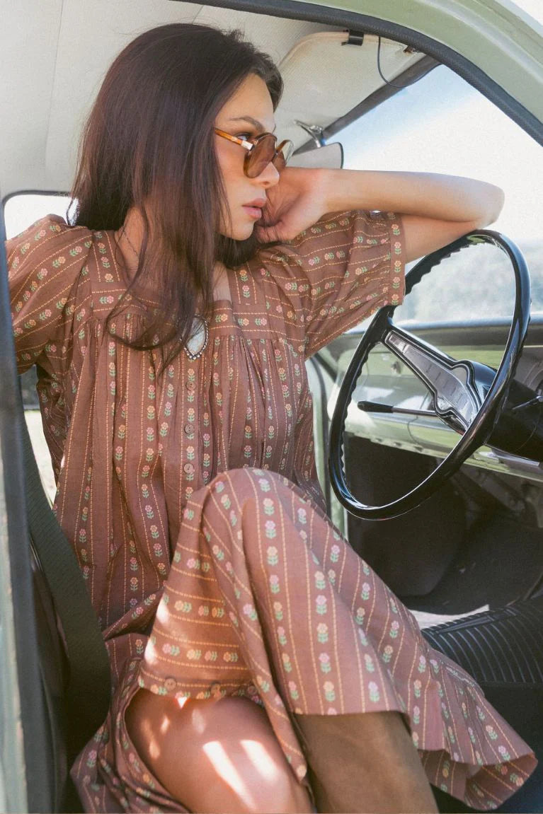 DELILAH SMOCK MIDI DRESS - WALNUT