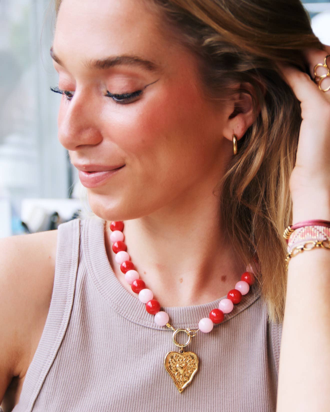 Natural stone bead necklace XL - red/pink