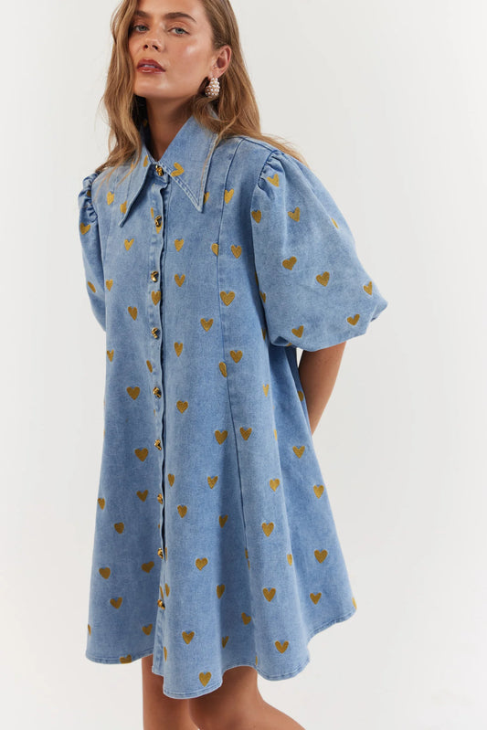 Peyton Mini Dress - Denim Hearts