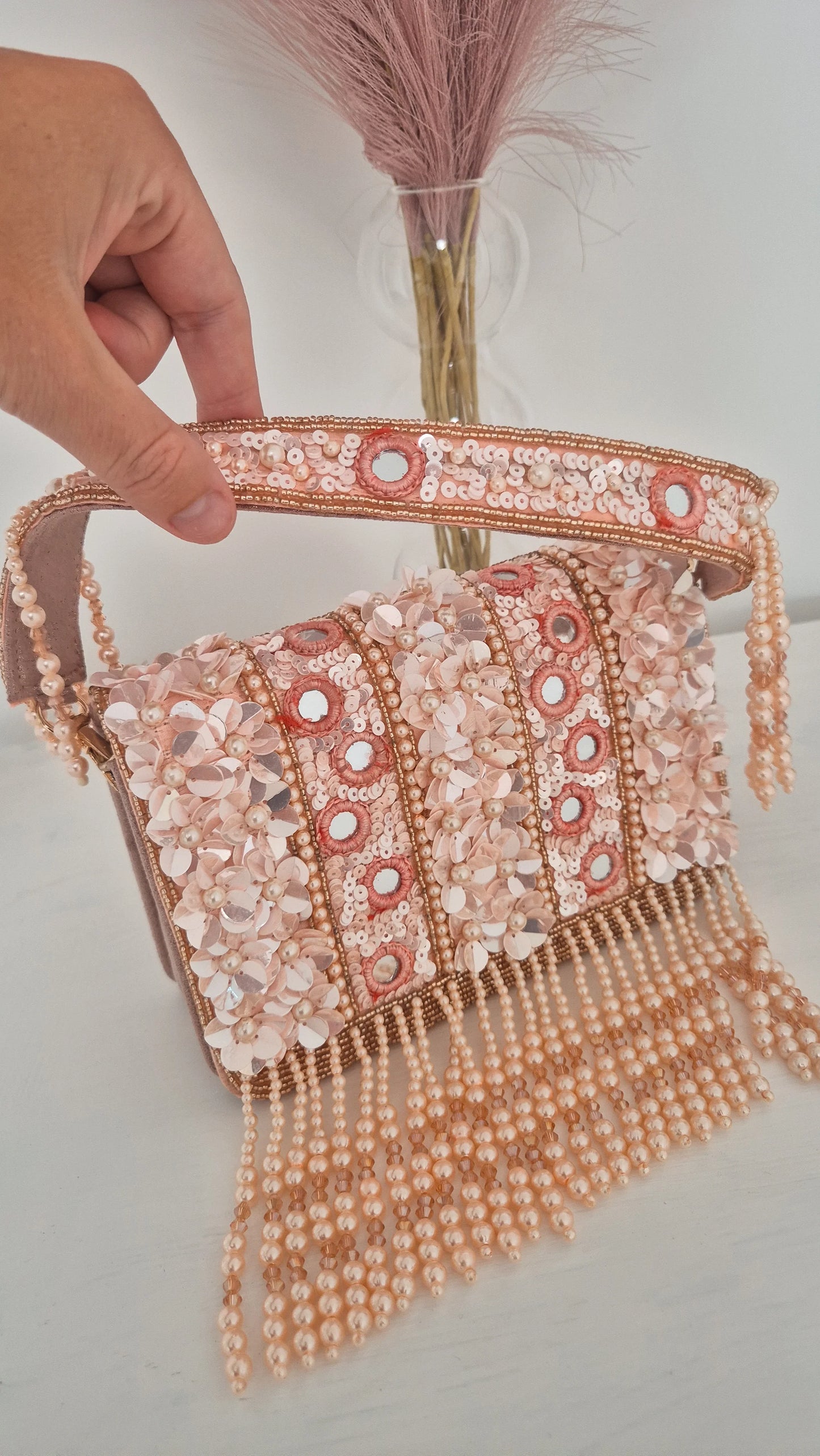 Handbag Pink Pearl Flower Sequin Beaded Bag
