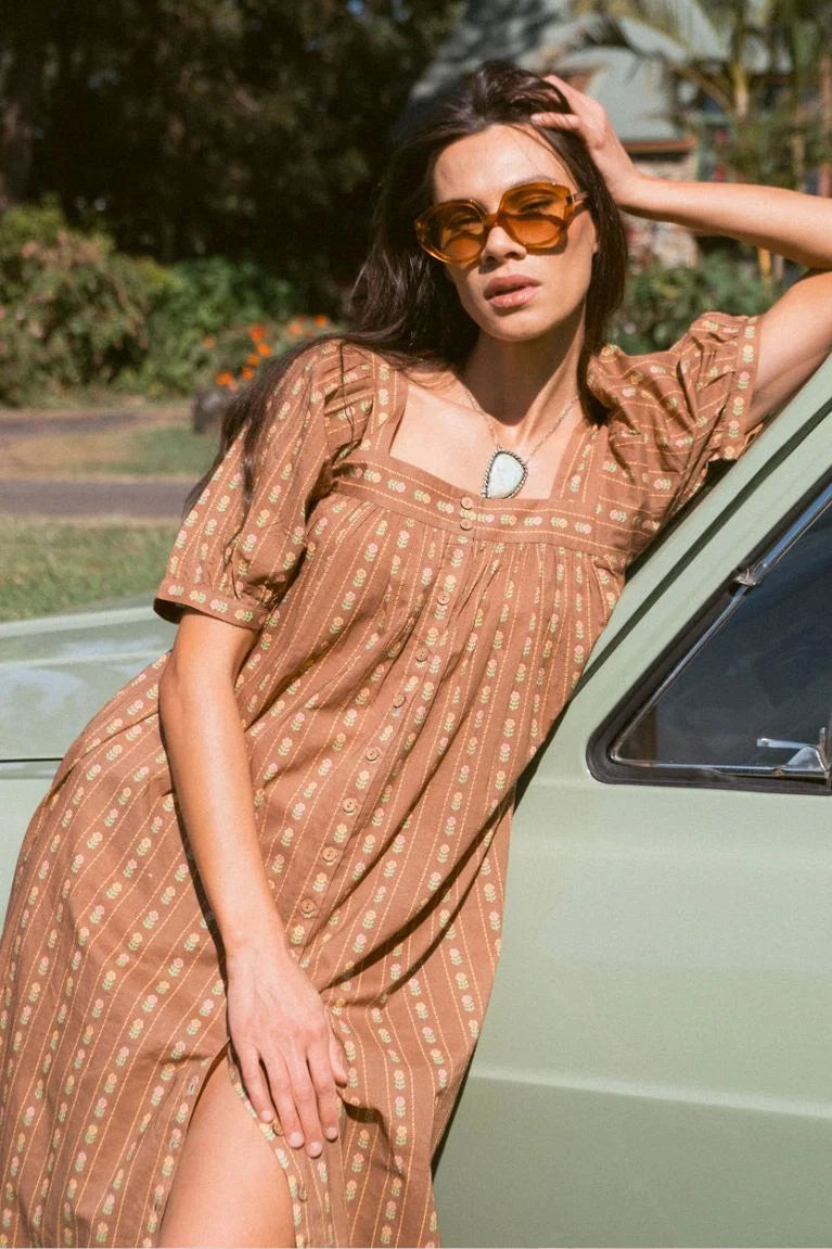 DELILAH SMOCK MIDI DRESS - WALNUT