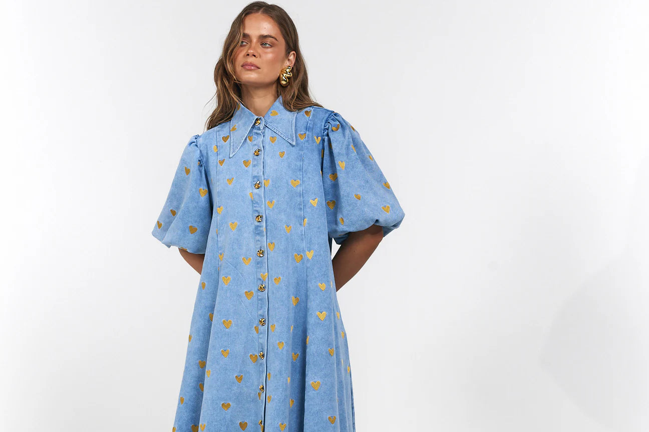 Peyton Midi Dress - Denim Hearts