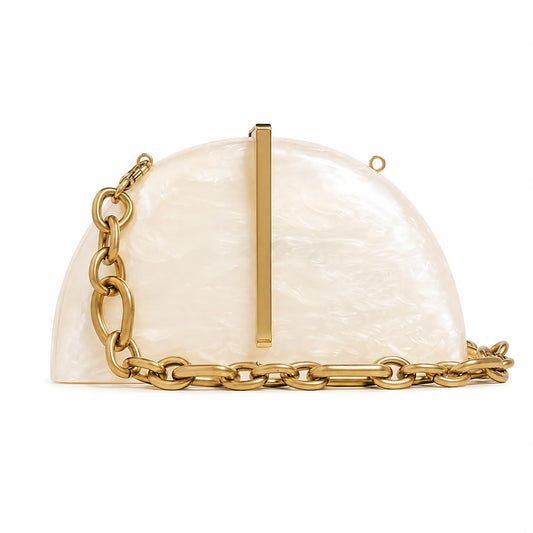 Assorted Acrylic Clutch, White Half Moon with Gold Chain