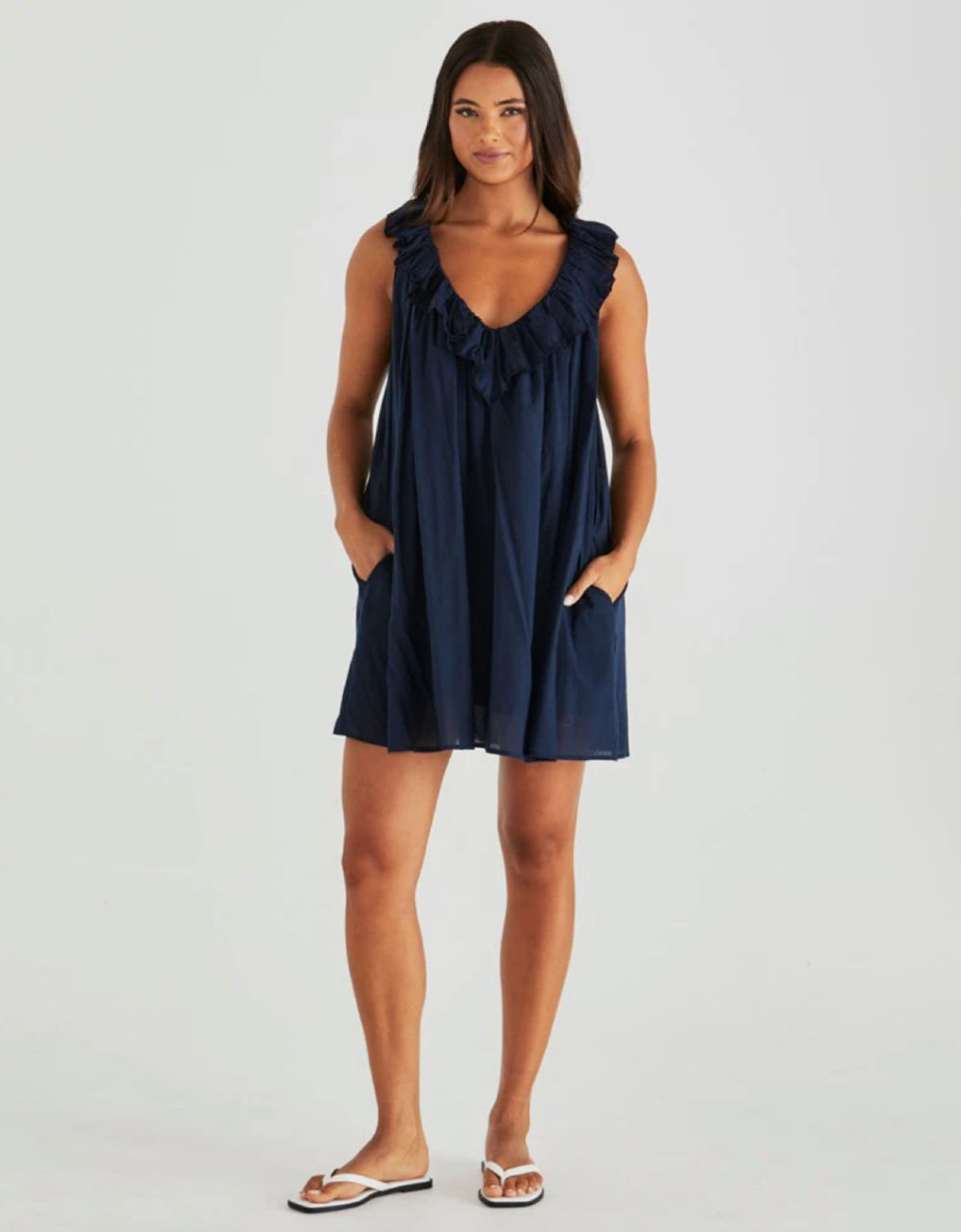 BELEN RUFFLED NECK MINI DRESS - NAVY