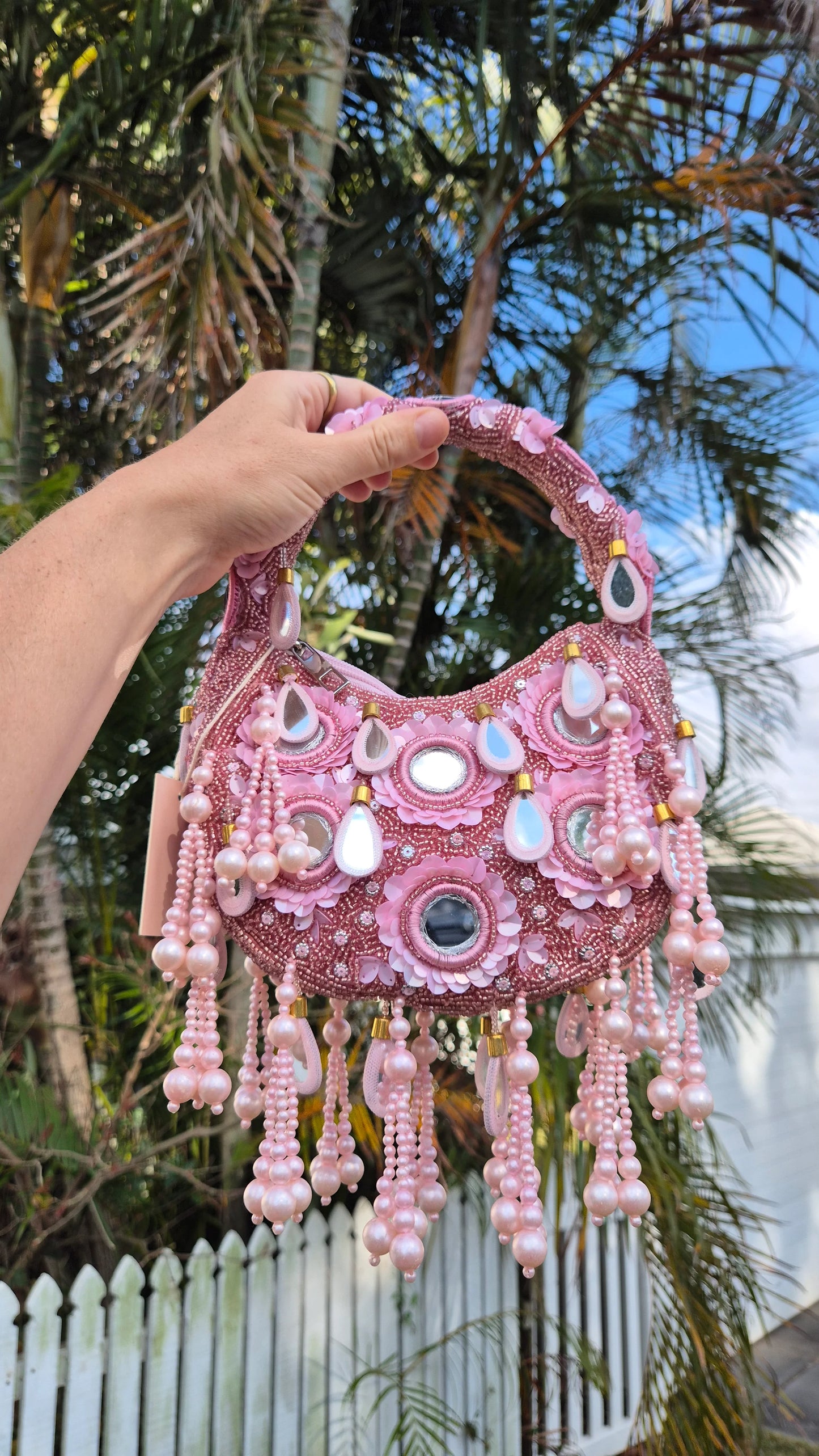 Handbag Mirror Tassle Embellished Bag Pink