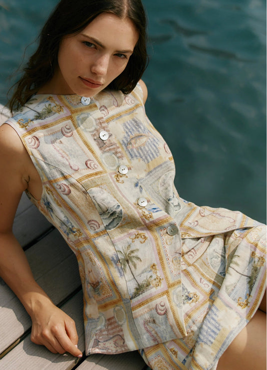 Reo Button Vest - Wayfarer Print