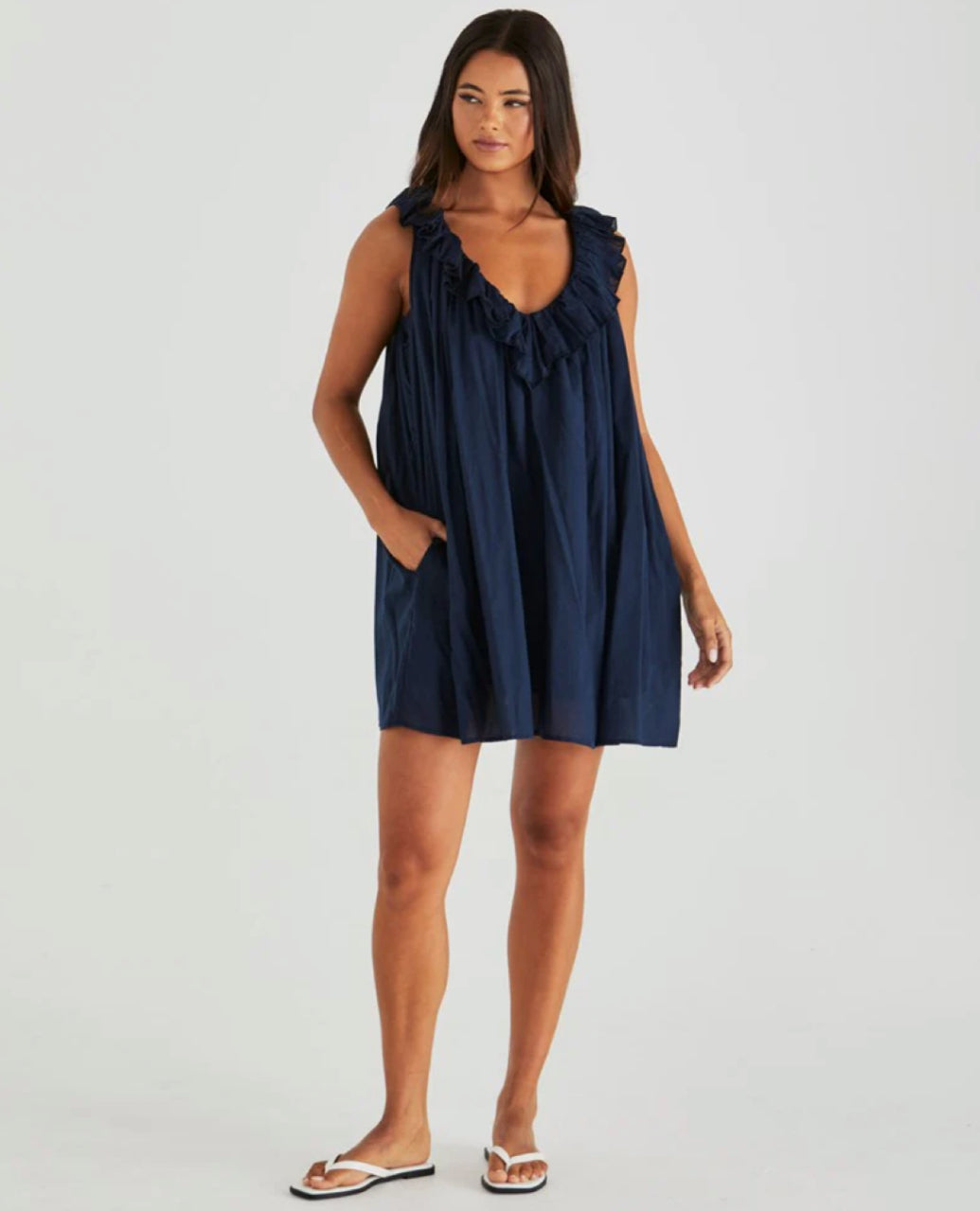 BELEN RUFFLED NECK MINI DRESS - NAVY