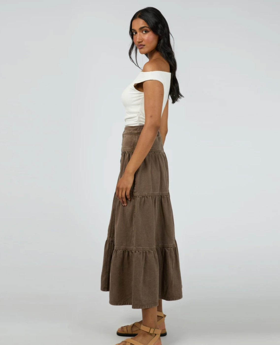 COCO DENIM MAXI SKIRT - COCOA