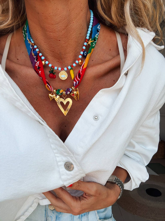 Rainbow scarf necklace combined with fruit charm necklace: Rainbow scarf necklace