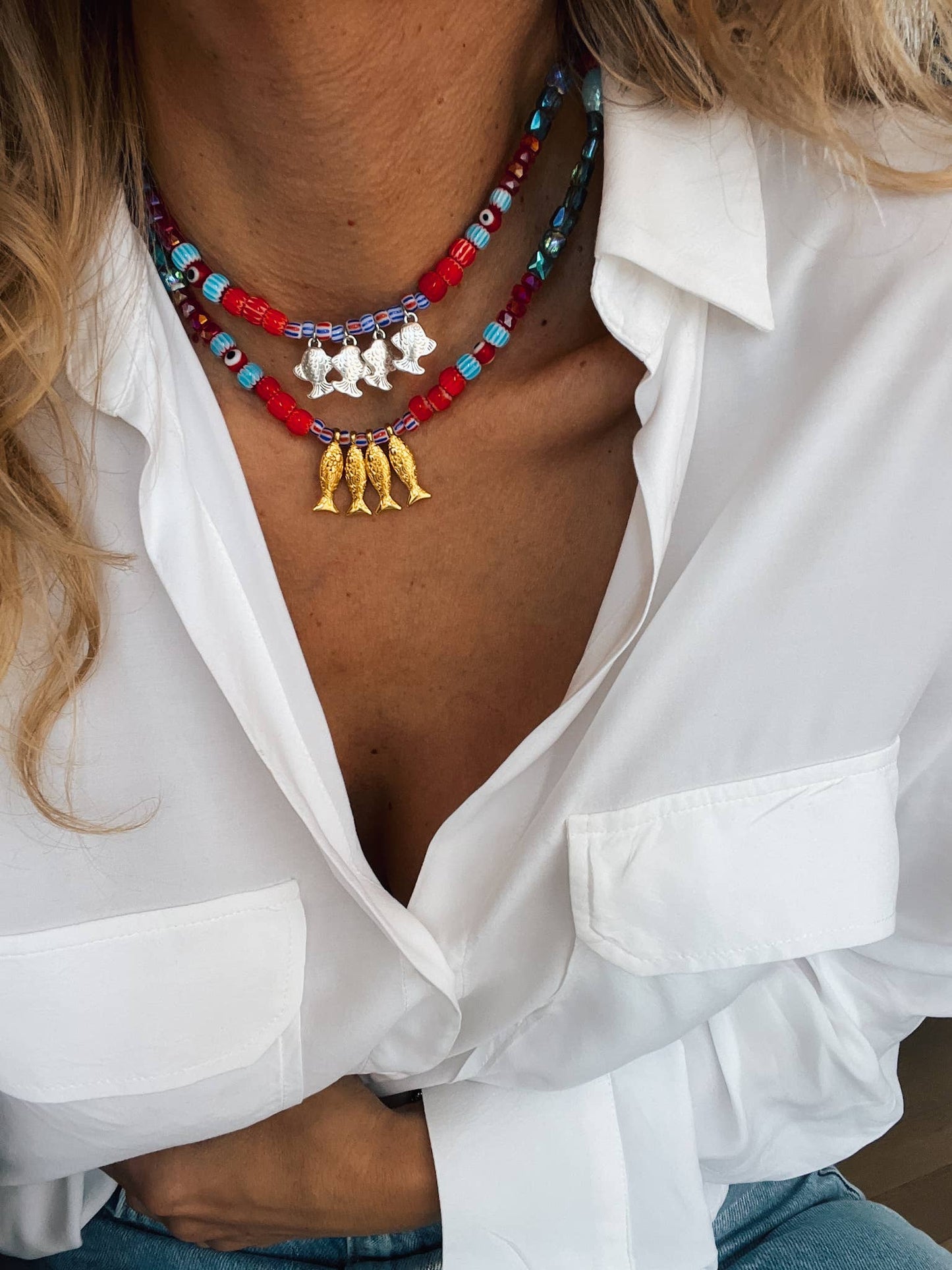 Fish beaded necklace in Greek islands colors: Gold