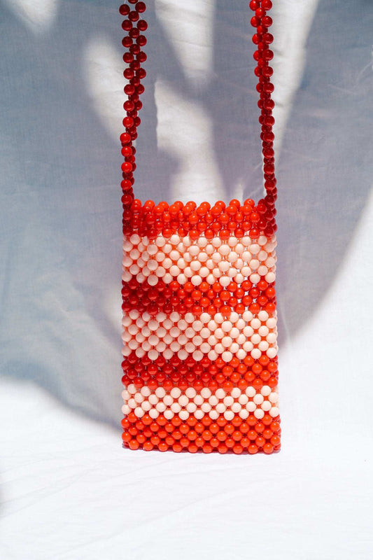 BEADED PHONE BAG - RED/PINK STRIPE