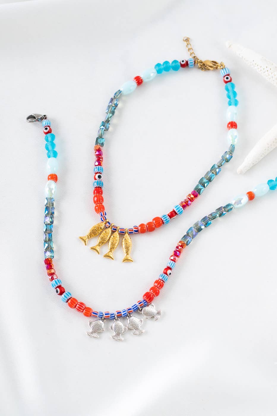 Fish beaded necklace in Greek islands colors: Gold