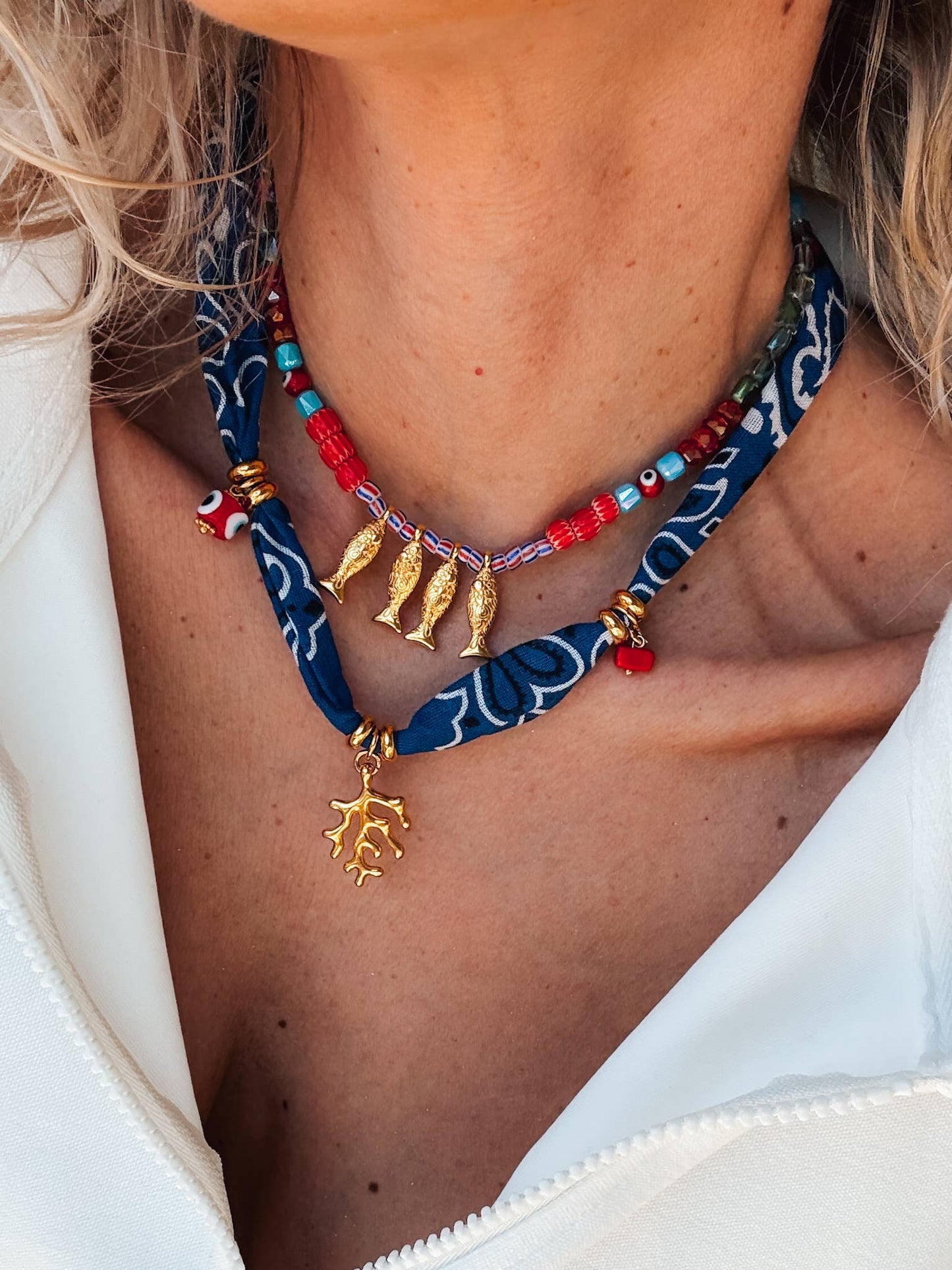 Fish beaded necklace in Greek islands colors: Gold