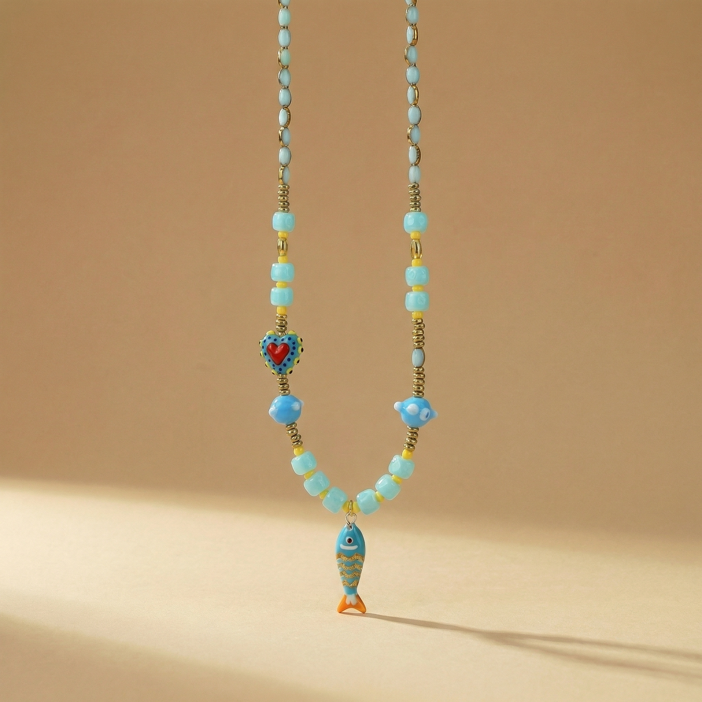 Colorful Beaded Fish Charm Summer Necklace: Light Blue