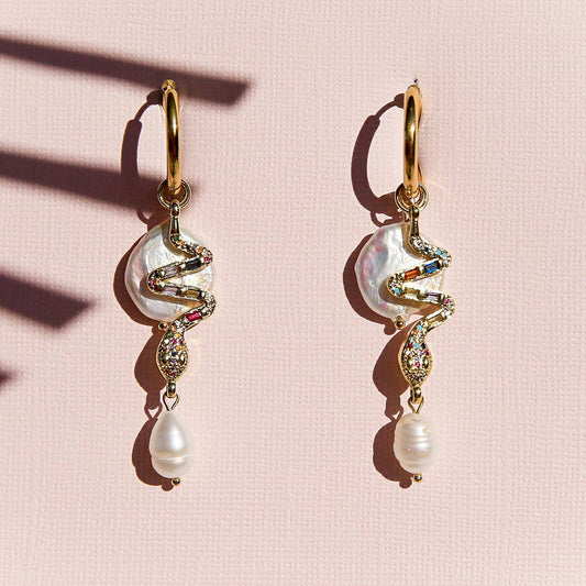 Snake Pearl Huggie Hoops